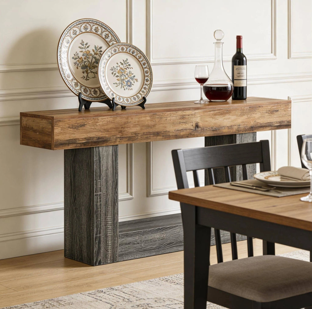 Tavolo consolle da 160 cm in MDF con ripiano inferiore; grigio e marrone rustico