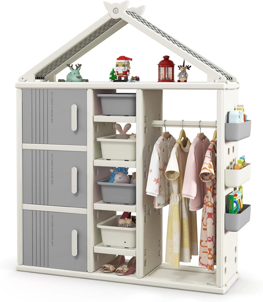 Armadio per Bambini, Organizzatore a Forma di Casa con Lavagna 3 Armadietti 4 Cestini 3 Cubi Chiusi e 3 Cestini Laterali, Armadietto Salvaspazio per Camera da Letto, 3 Anni+ (Rosa)