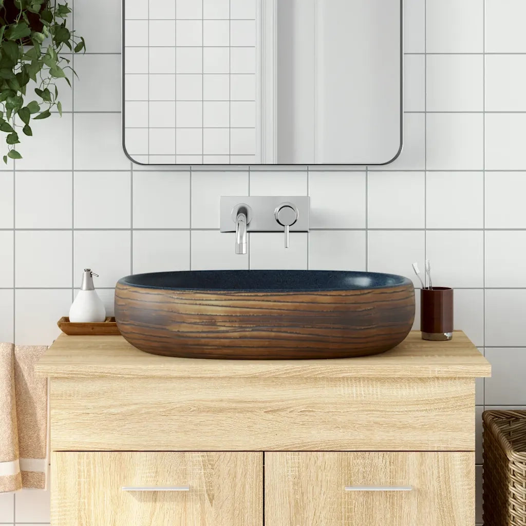 Lavabo da Appoggio Marrone e Blu Ovale 59x40x14 cm Ceramica CFW7108598