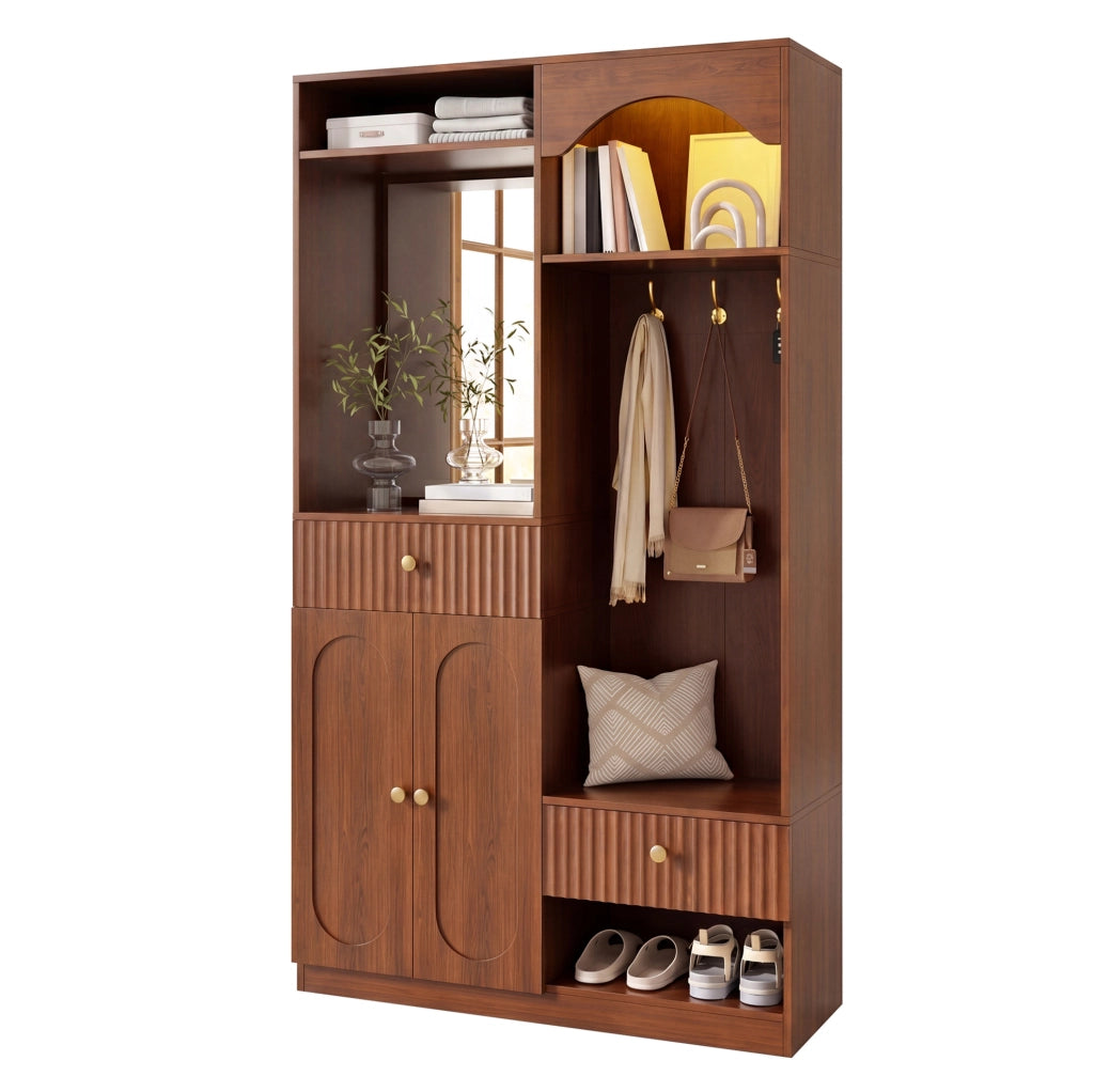 Garderoba da ingresso multifunzione con specchio; LED; panca e appendiabiti 100x35x180 cm; noce