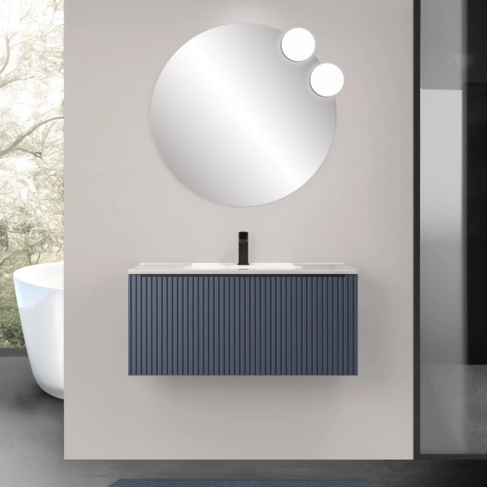 Mobile bagno sospeso 90 cm blu notte cannettato con cassetto, specchio e lavabo Nara