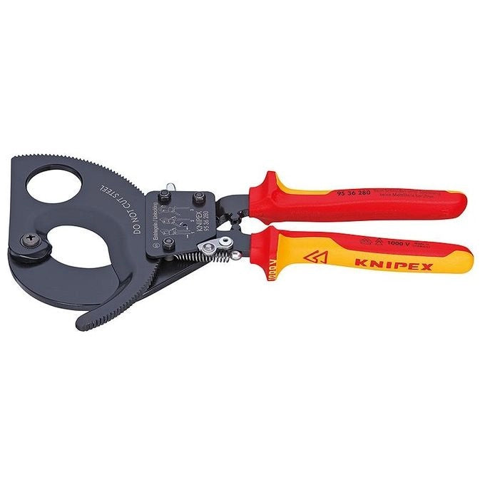 KNIPEX 95 36 280 Cesoia a Cremagliera per Cavi in Rame e Alluminio fino a 380 mm² e 52 mm Ø con Sistema a Cricchetto VDE colore Nero