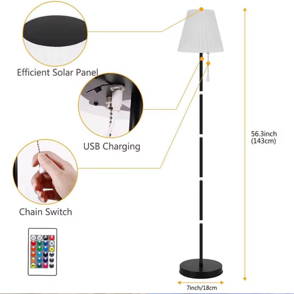 Lampada da Terra a LED da Esterno e Interno IP65 Dimmerabile luce RGB e Bianco Ricarica Solare e USB Sensore Crepuscolare Altezza 1.4 Mt con Telecomando