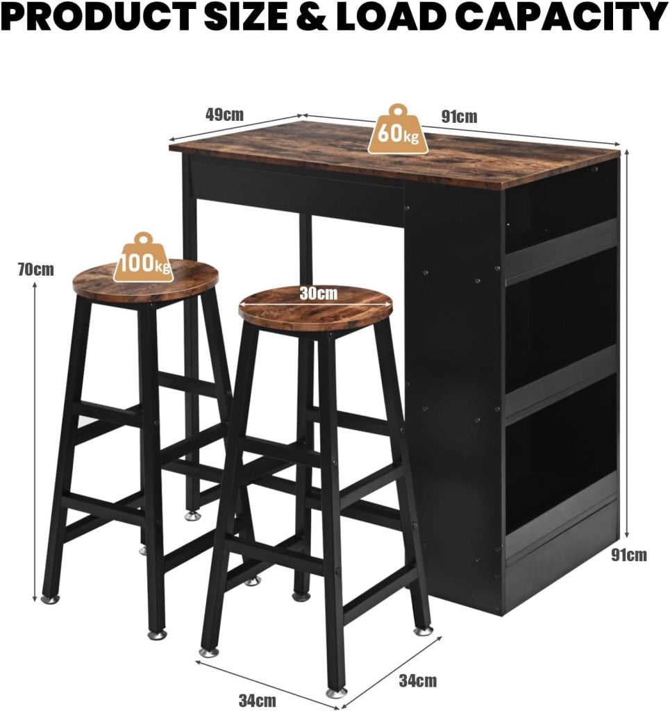 Tavolo da bar con sgabello da bar, tavolo con 2 sgabelli, 3 ripiani, telaio in metallo, set da pranzo per 2 persone, tavolo da colazione, bancone da bar, set di mobili per bar, bistrot e