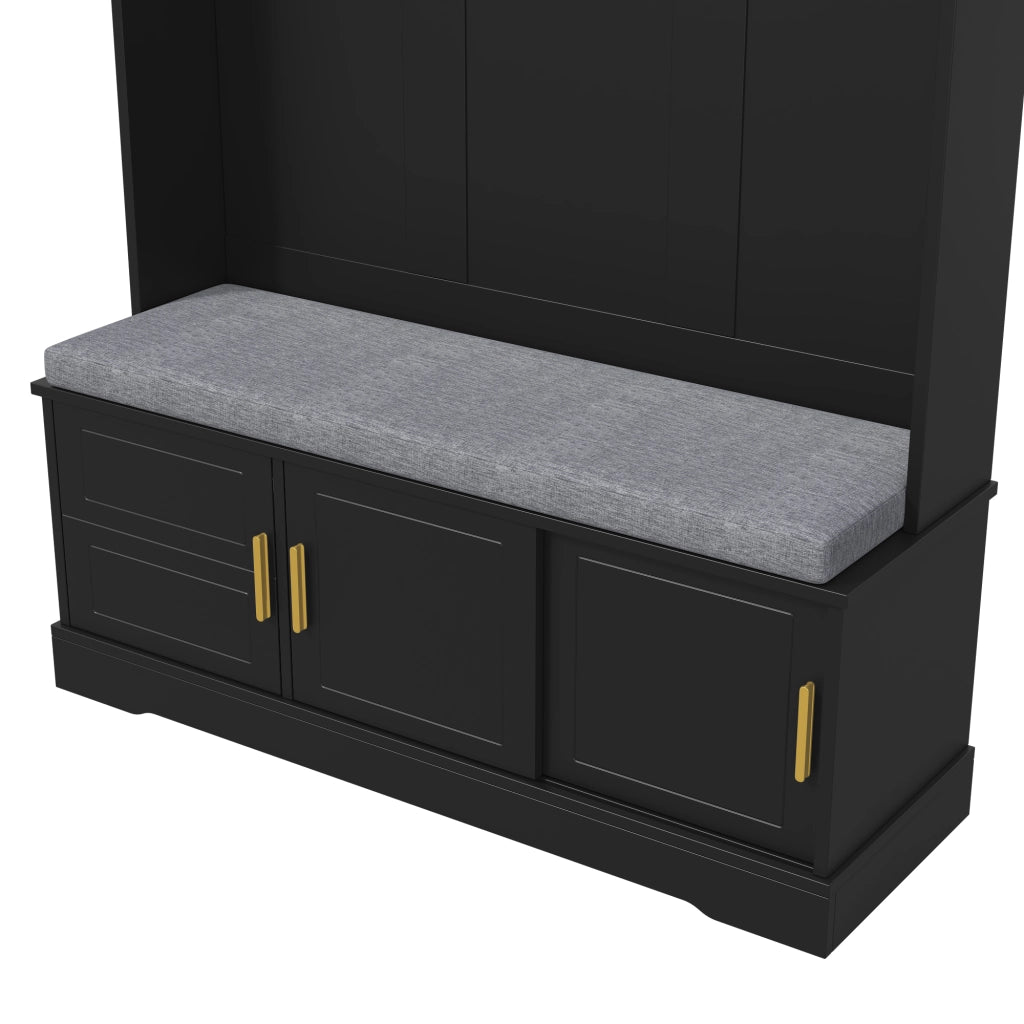 Mobile Ingresso con 6 Ganci; Panca Scarpiera e Ripiano Aperto; Stile Moderno; in Pannello Truciolare; Nero; 120??40??191 cm