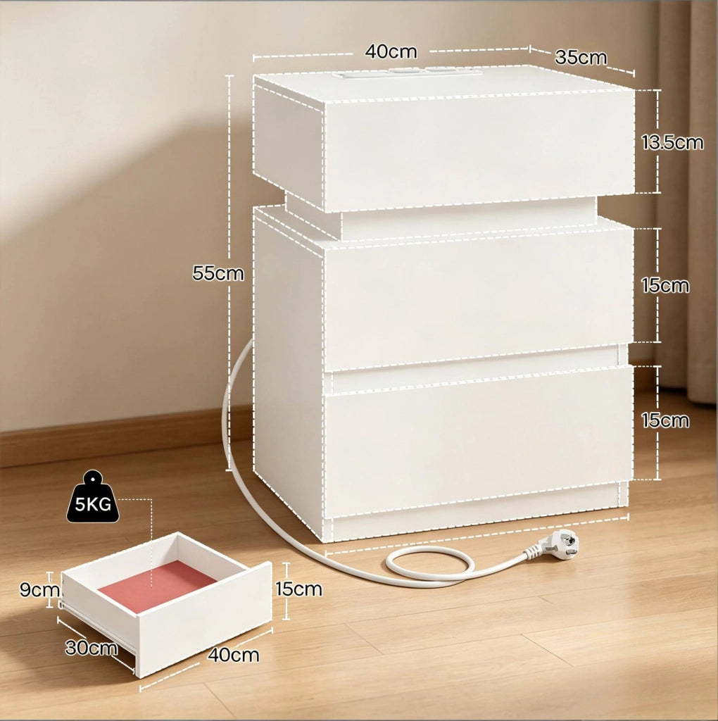 Set di 2 comodini bianchi con LED, prese USB e 2 cassetti