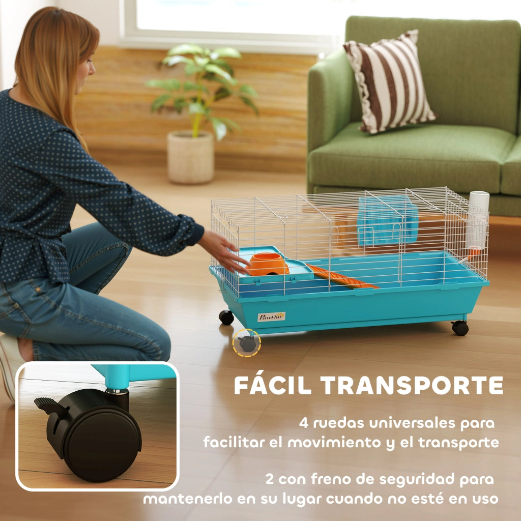 Gabbia per Piccoli Animali con Ruote e Dispensatore Fieno ¨C zephmum ¨C 89x44x43 cm Blu