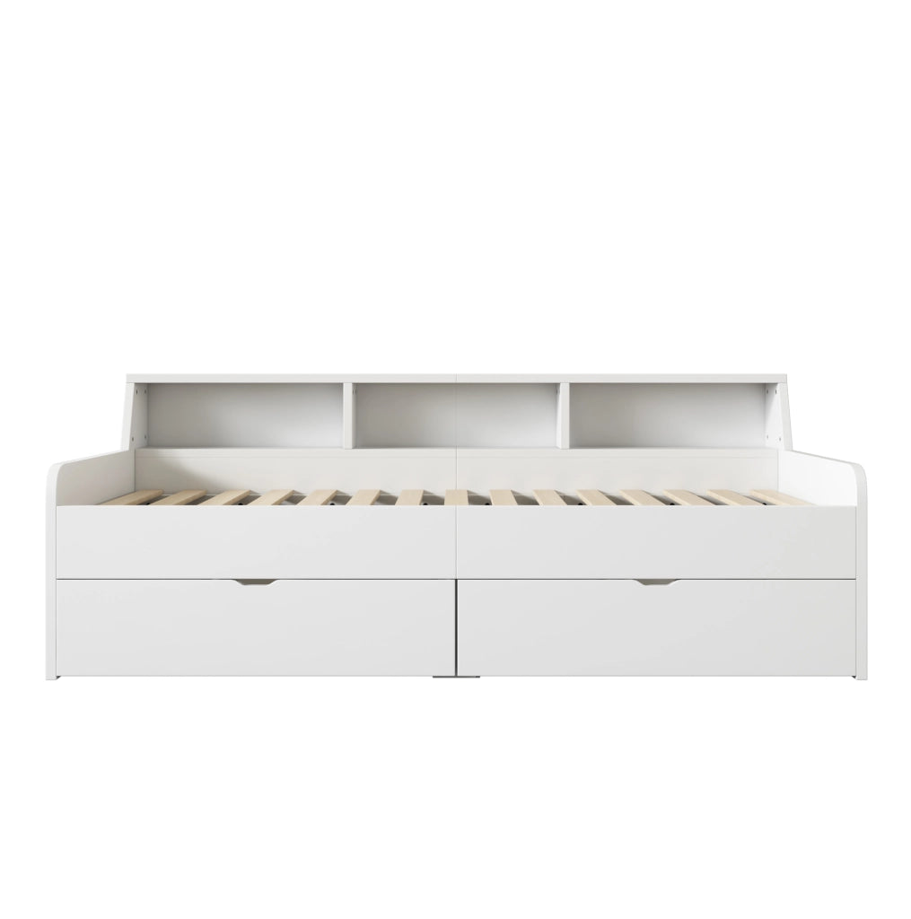 Letto da giorno 90x200 cm con 2 cassetti e vani contenitore; pino e MDF; bianco