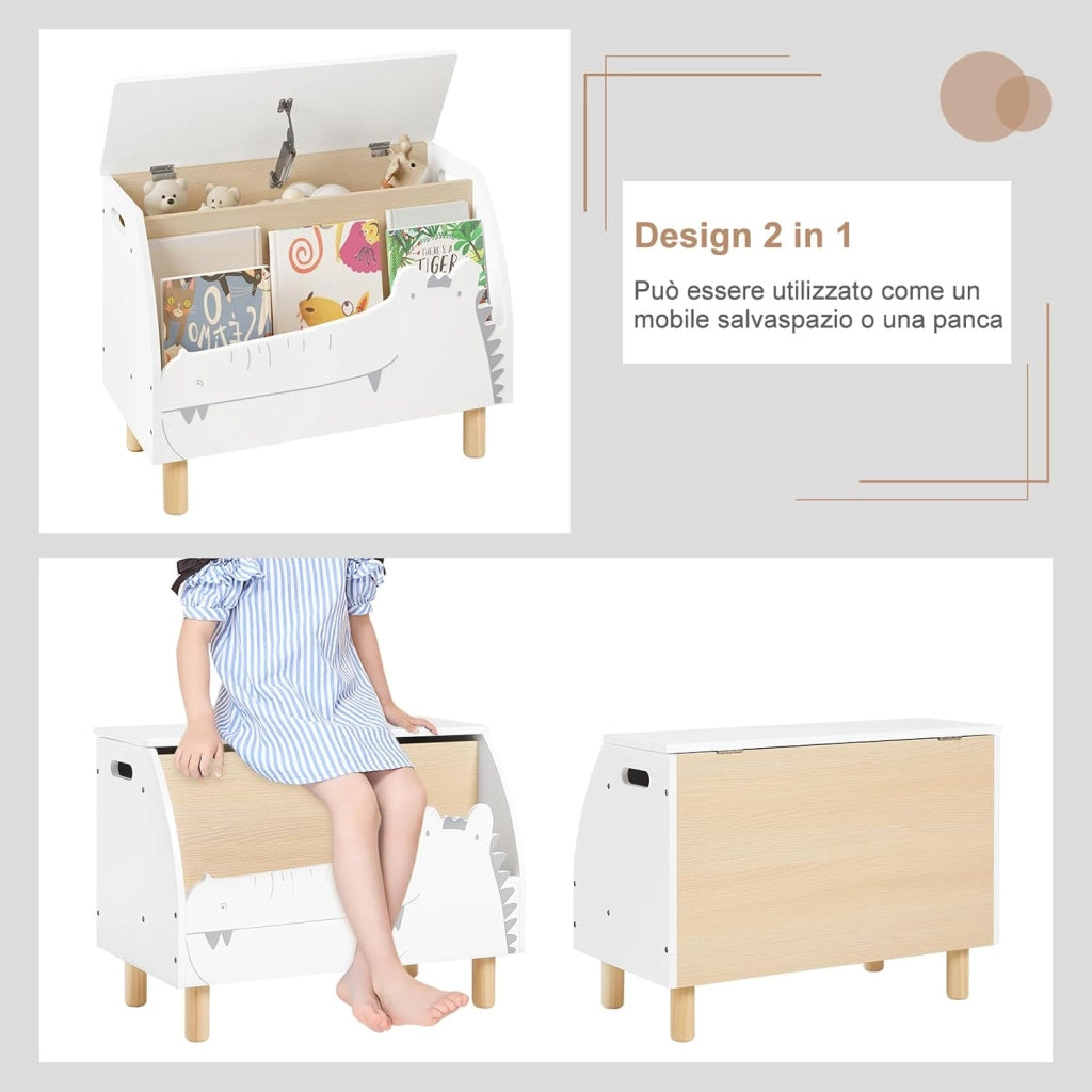 Panca Contenitore per Bambini, Contenitore Porta Giocattoli in Legno a Coccodrillo, Cassapanca con Scomparto Chiuso e Aperto, Bianco, 49,5x30x44,5cm