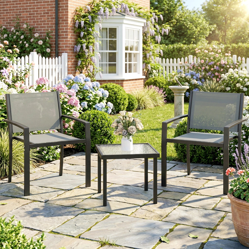 Set tavolo e sedie da giardino 3 pezzi ¨C Xylo ¨C 2 sedie textilene, piano vetro temperato grigio chiaro