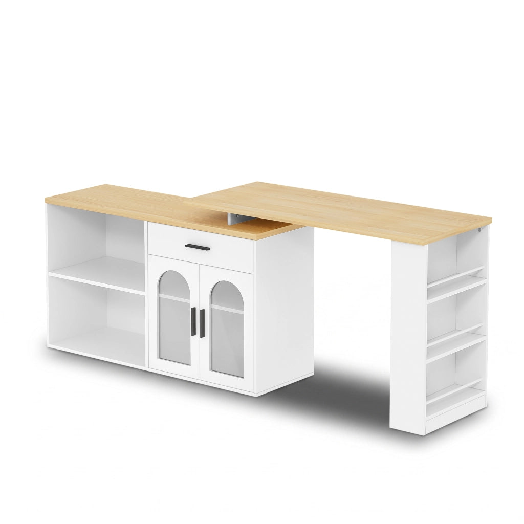 Isola da Cucina 136x50x78 cm Bianca e Rovere con Tavolo Girevole 360°, Cassetto e Ripiani