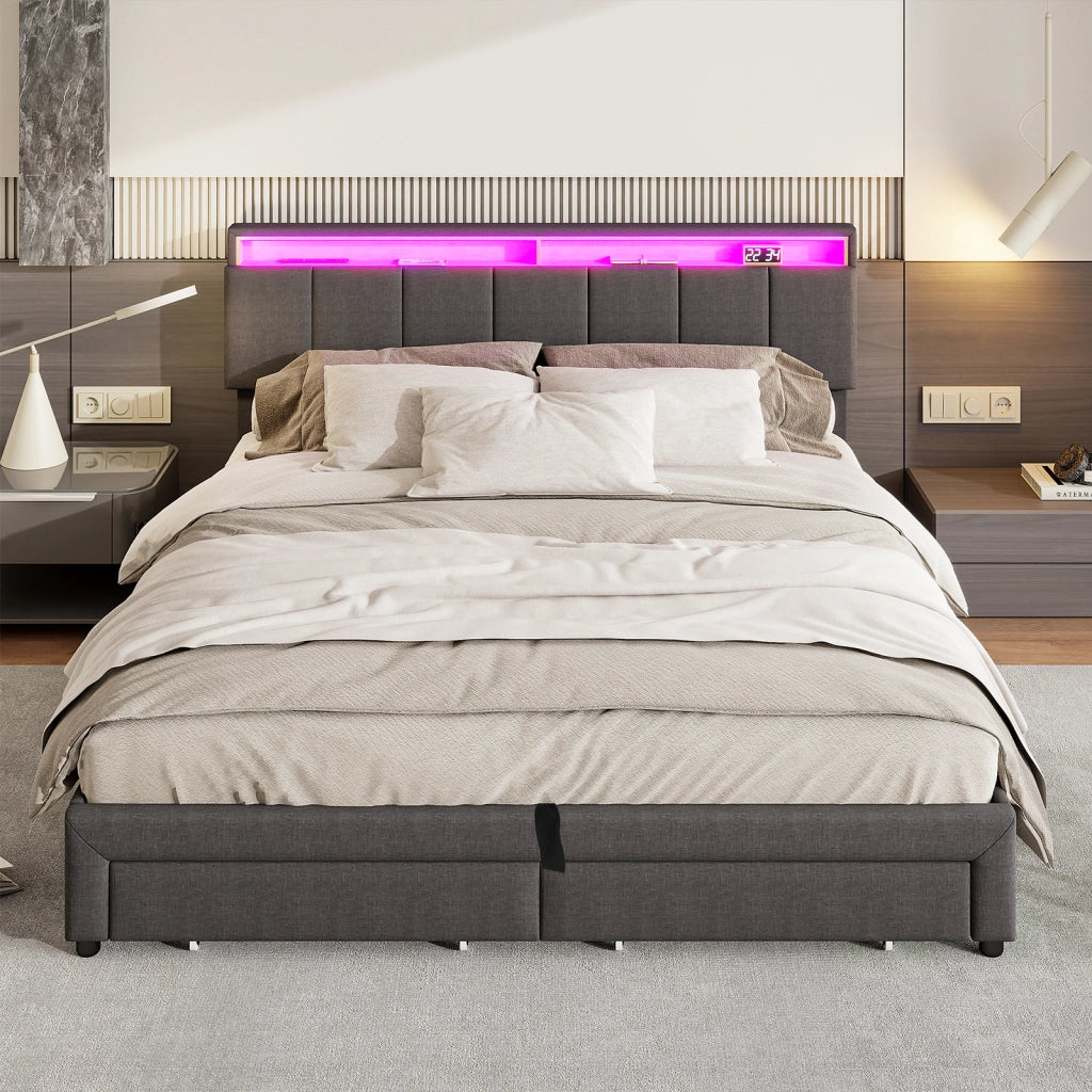 Letto matrimoniale contenitore 160x200 cm con testiera imbottita LED e porta USB cassetti e rete a doghe in lino-grigio
