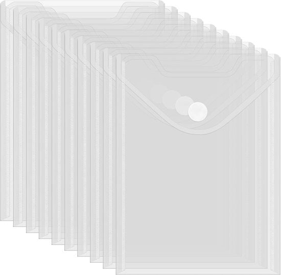 Pacchetto di 10 buste documentarie A5, cartelloni verticali per archiviazione, cartelle documentarie, tasche trasparenti con chiusura con adesivo, mappe idonee all'acqua per organizzazione documenti (25 x 18 cm)