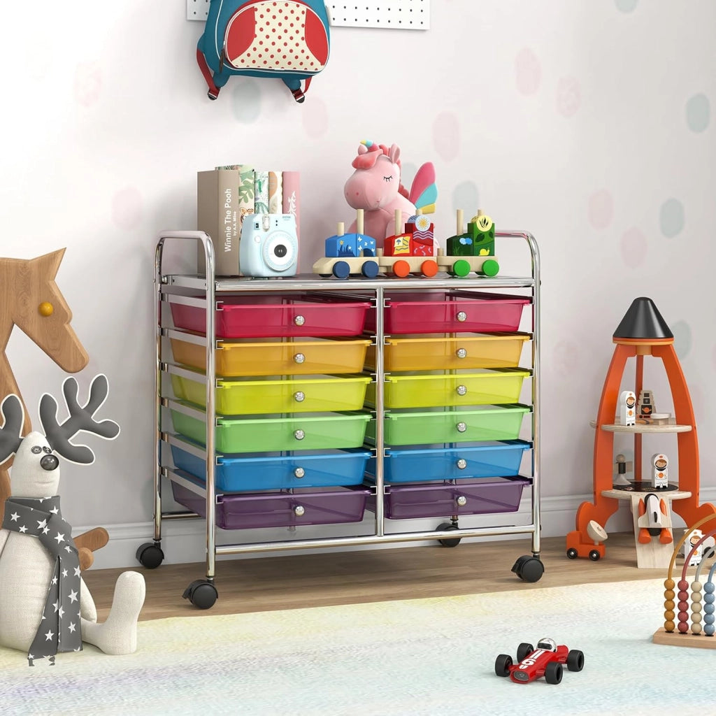 Carrello di Stoccaggio con 12 Cassetti, Carrello portaoggetti con 4 Ruote, Carrello Multiuso per Scuola Ufficio Cucina, 64 x 38 x 62 cm (12 cassetti Arcobaleno)