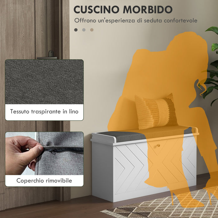 Panca Scarpiera Salvaspazio 8 Paia di Scarpe 80x26x44,5 cm con Cuscino e Cassetto Ribaltabile Bianco