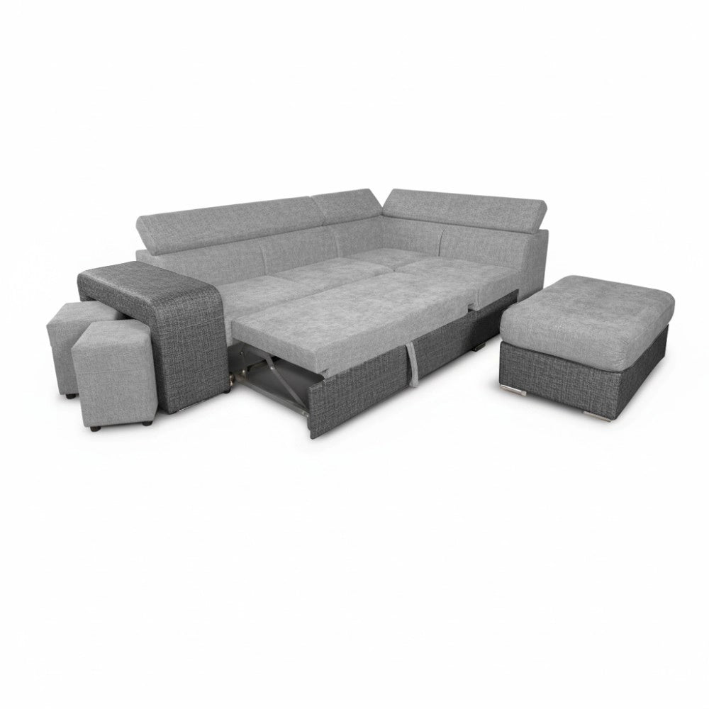 Divano Letto Angolare Sophie con Penisola Destra, 2 Pouf Estraibili e Pouf Contenitore – grigio e Grigio Chiaro