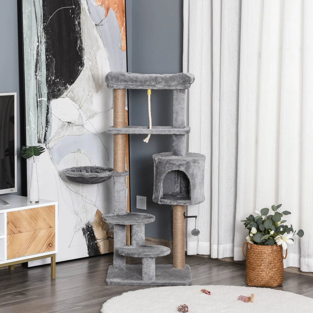 Albero tiragraffi per gatti con piattaforme, amaca e tana ¨C zephmum ¨C grigio 48x48x120 cm