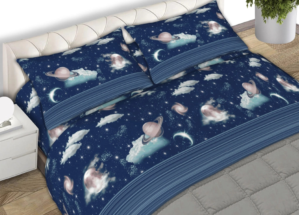 Completo Lenzuola Letto 100% Cotone Made Italy Disegno Planet CN - Matrimoniale - Planet