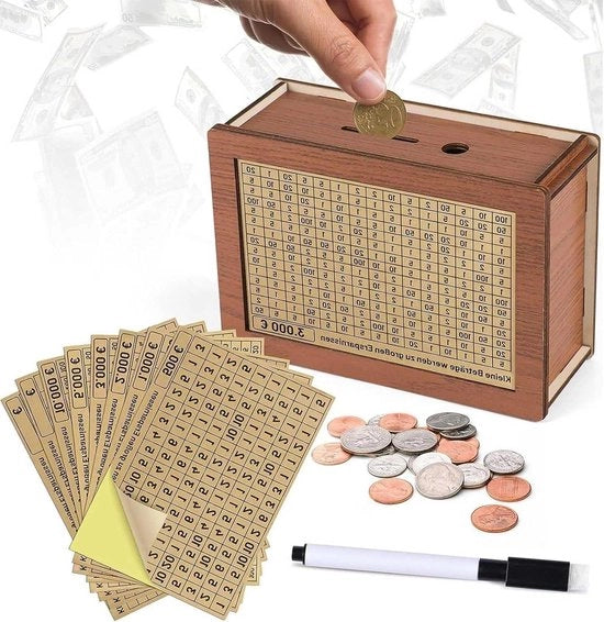 Cassa di risparmio in legno retro per bambini e adulti - controlla i numeri - abitudine di risparmio - 500€ 10000€