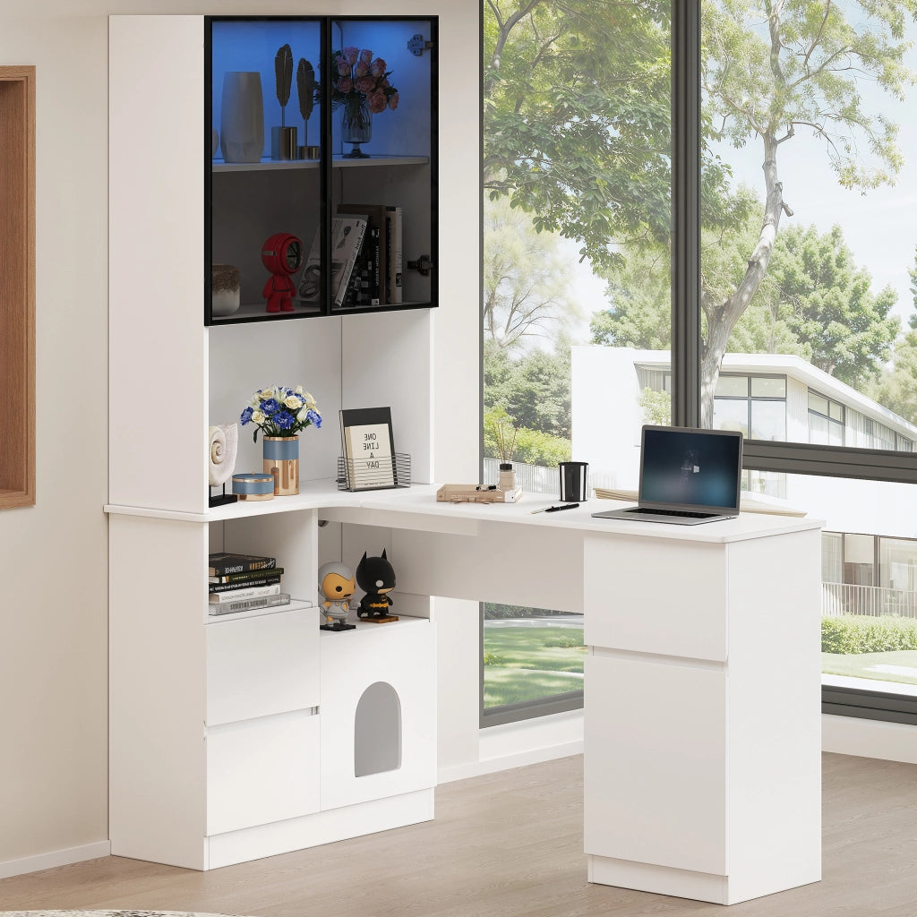 Scrivania angolare con libreria e vetrina LED, 3 cassetti, 2 porte e passacavi, per home office, 120 × 80 × 180 cm