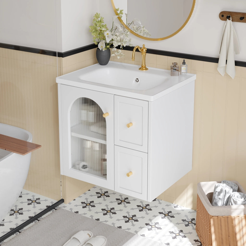 Mobile Bagno Sospeso con Lavabo in Ceramica, LED e Anta in Vetro ¨C MINIMAL ¨C Nero/Bianco