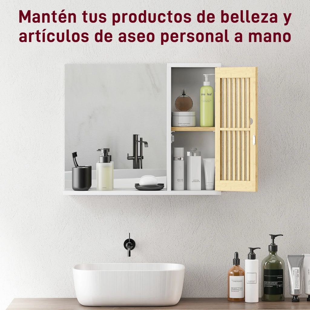 Specchio da Bagno con Ante e Ripiani ¨C zephmum ¨C 60x50 cm Bamb¨´ Bianco e Naturale