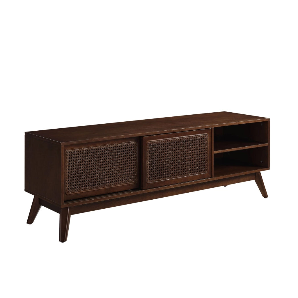 Mobile TV con ante in rattan e ripiani in legno e MDF noce