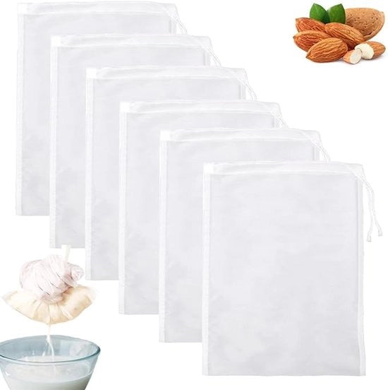 Set di 6 sacchetti per notte, 20 × 30 cm, telo di seta riciclabile, filtro biologico con cordino, per notte e frutta, sapone e caffè (300 mesh per pollice)