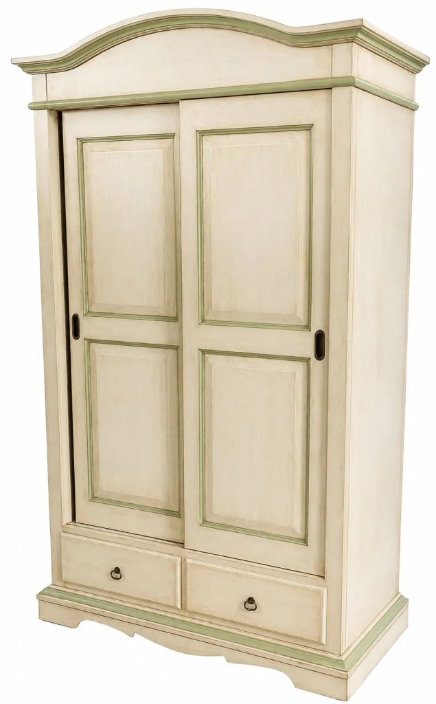 Armadio 2 ante scorrevoli legno shabby avorio anticato filo verde 122x59x200 - Mobili 2G