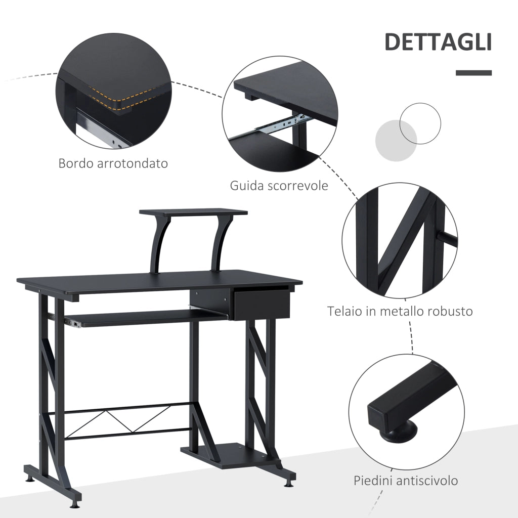 EasyComfort Scrivania per Computer Salvaspazio in Acciaio e Legno, Scrivania da Ufficio con Cassetto, Ripiano Tastiera Estraibile, 90x50x100 cm, Nero