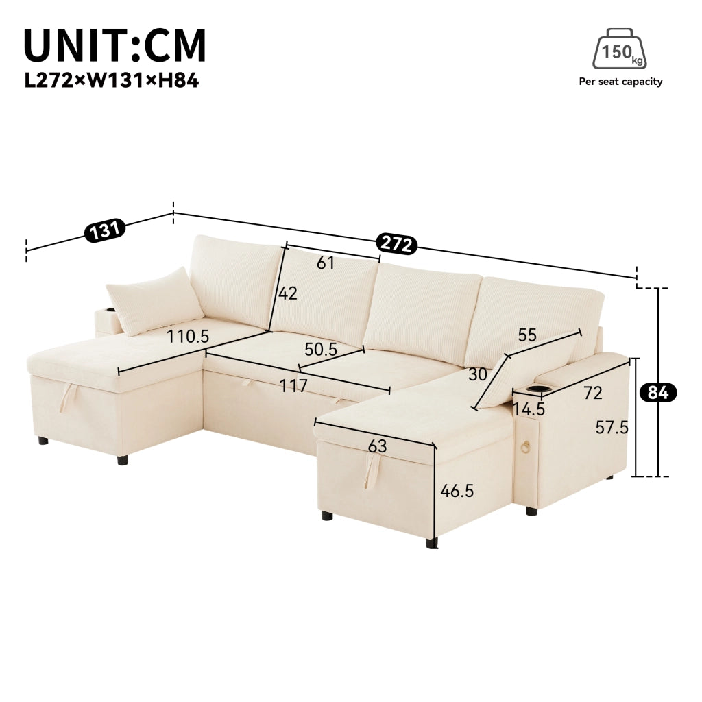 Divano angolare convertibile 4 posti con vano contenitore, portabicchieri e cuscini, in Chenille e Corduroy Beige