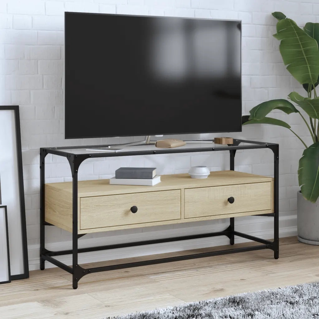 Mobile TV Piano-Credenza per TV-Console TV Vetro Rovere Sonoma 98x35x51 Legno Multistrato