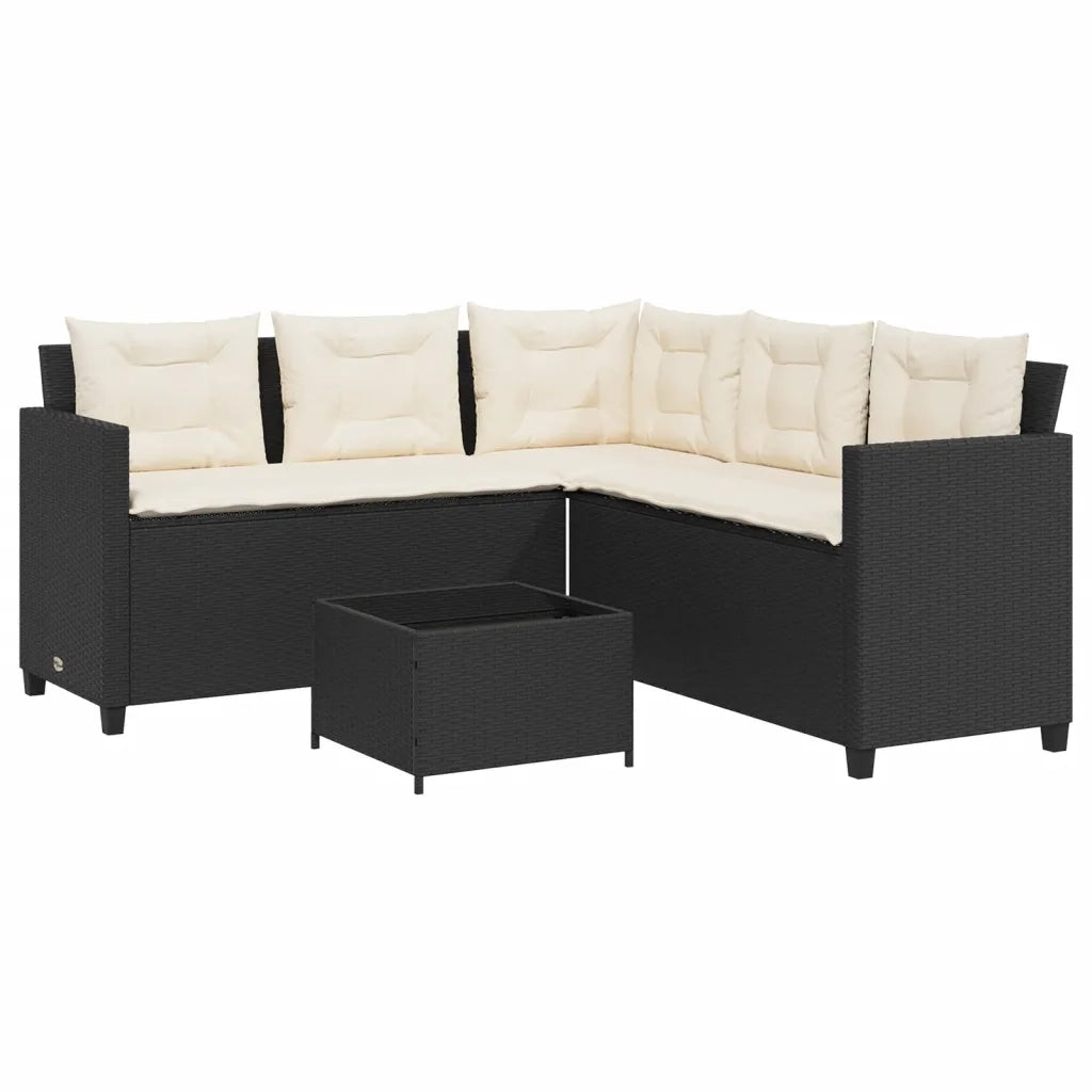 Divano da Giardino con Tavolo e Cuscini a L Nero in Polyrattan 369039