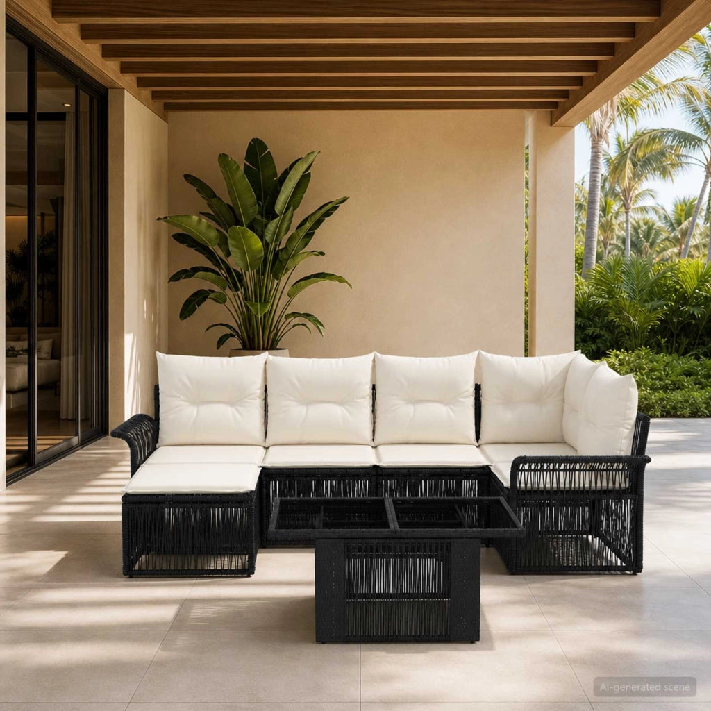 Set Divano da Giardino 7 pz Nero e Bianco Crema polyrattan 3436669