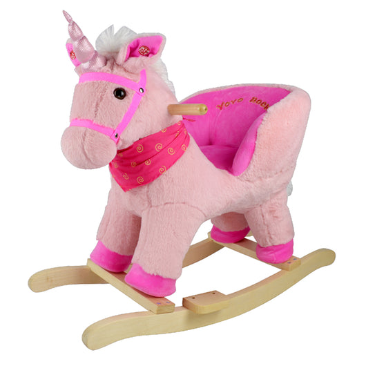 Cavallo a Dondolo per Bambini in Legno e Peluche Unicorno Rosa con Suoni