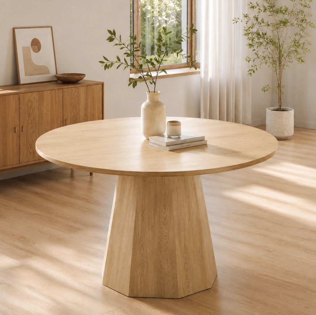 Tavolo da pranzo rotondo 120 cm per 4-6 persone; stile scandinavo; MDF; rovere