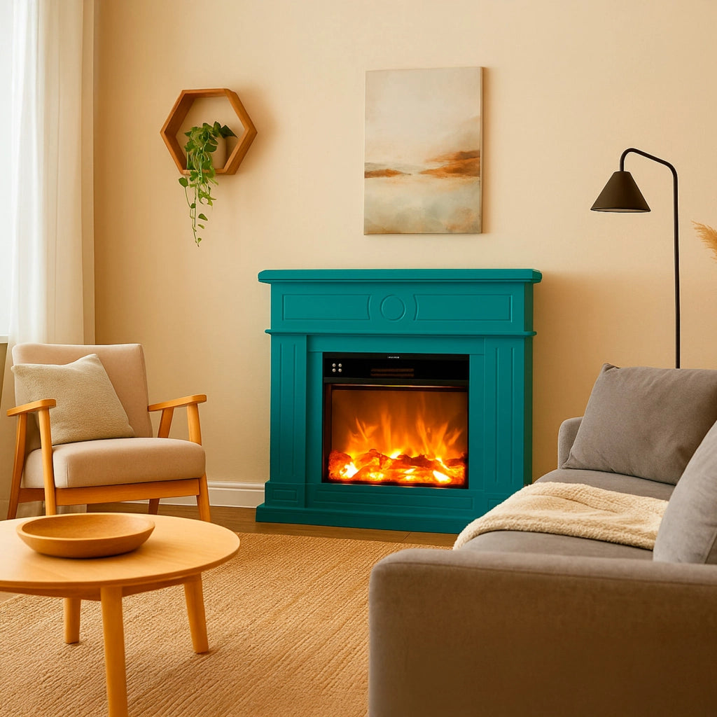 Caminetto Fuego Roberta Turquesa 1500w a Parete Con Cornice Telecomando e Bruciatore Turchese