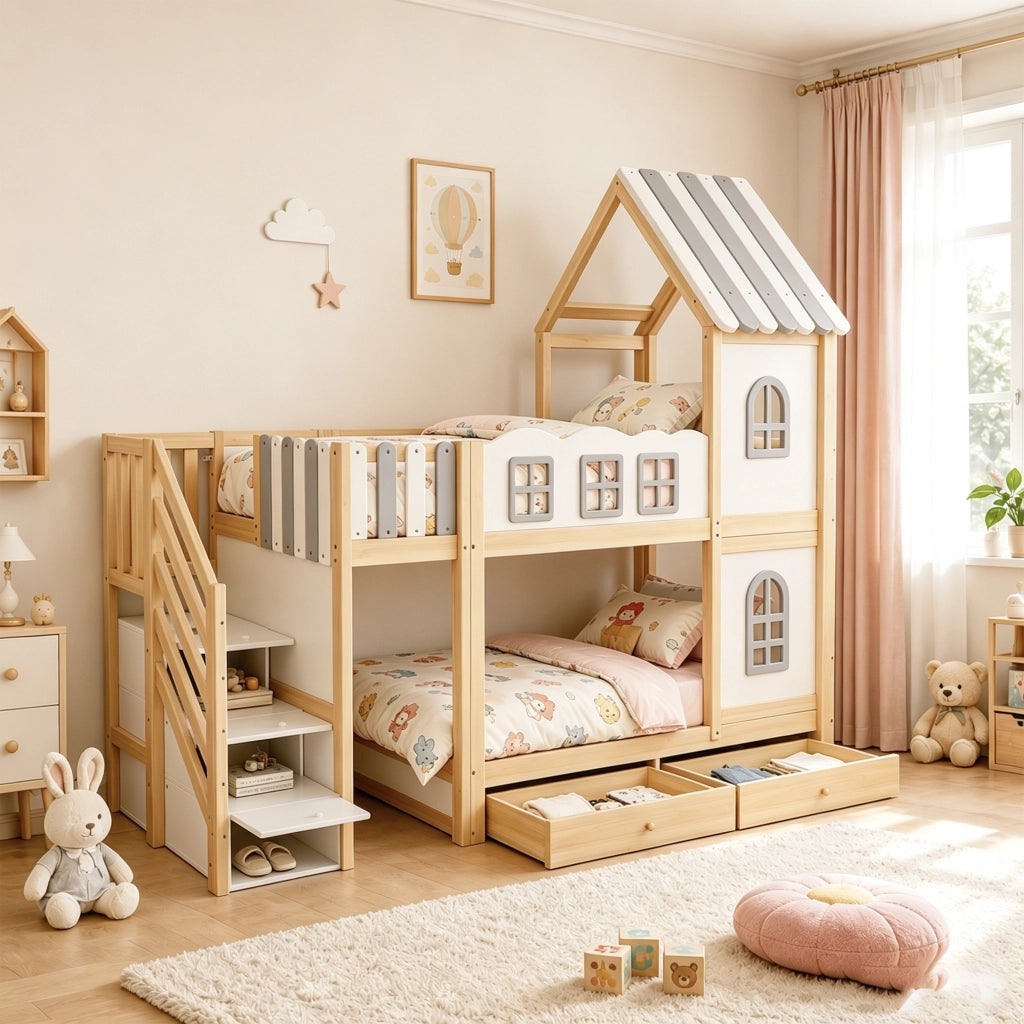 Letto a Castello 90x200 cm; Letto 2 Posti - Casetta con Finestre; Scala contenitore - Bianco