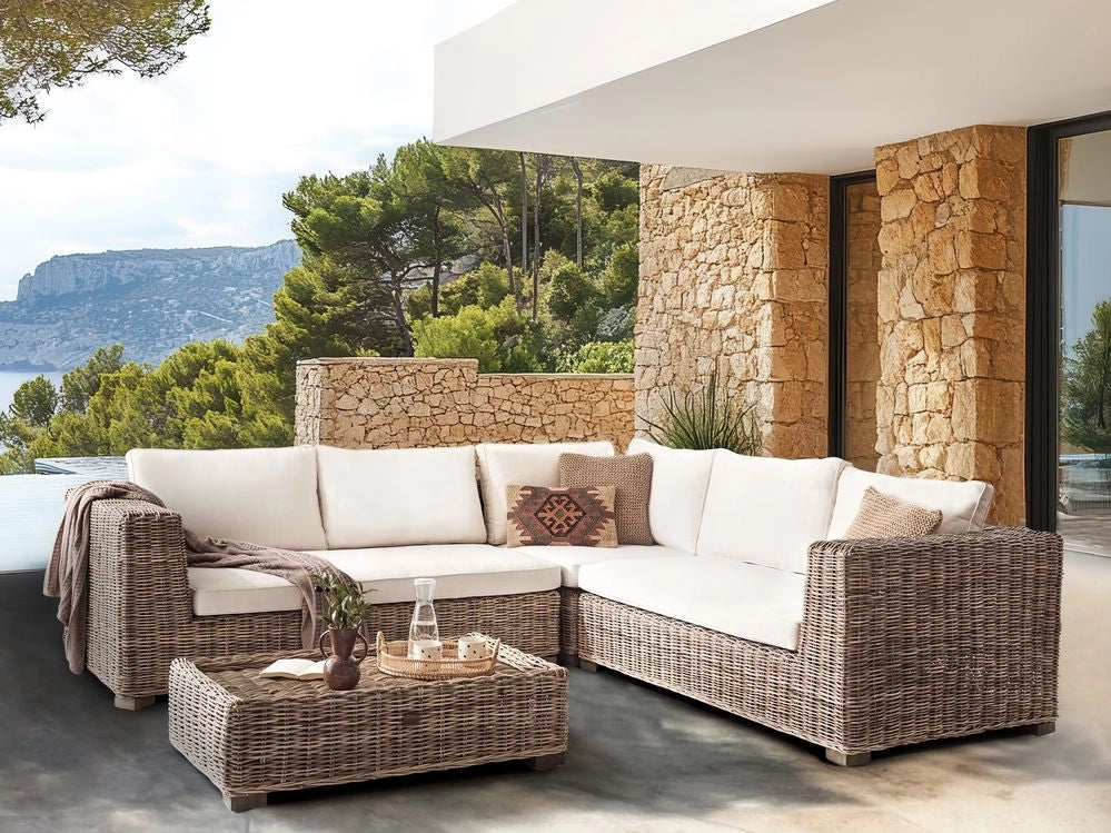 Set di divani da giardino in rattan naturale grigio a 5 posti con tavolino per ottomano e cuscini