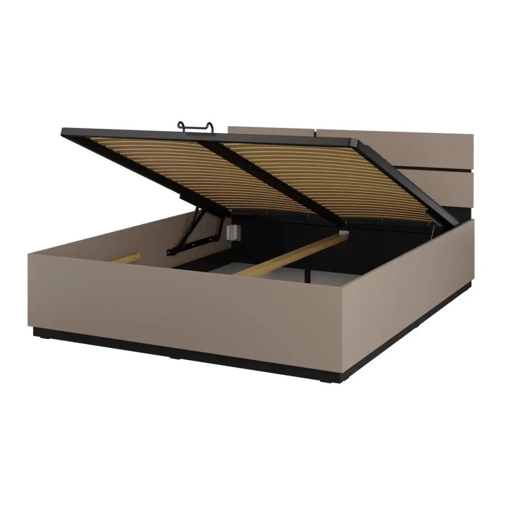 Camera completa HAVANA beige e nero – Letto con contenitore 180x200, armadio 4 porte, comodini e cassettiera
