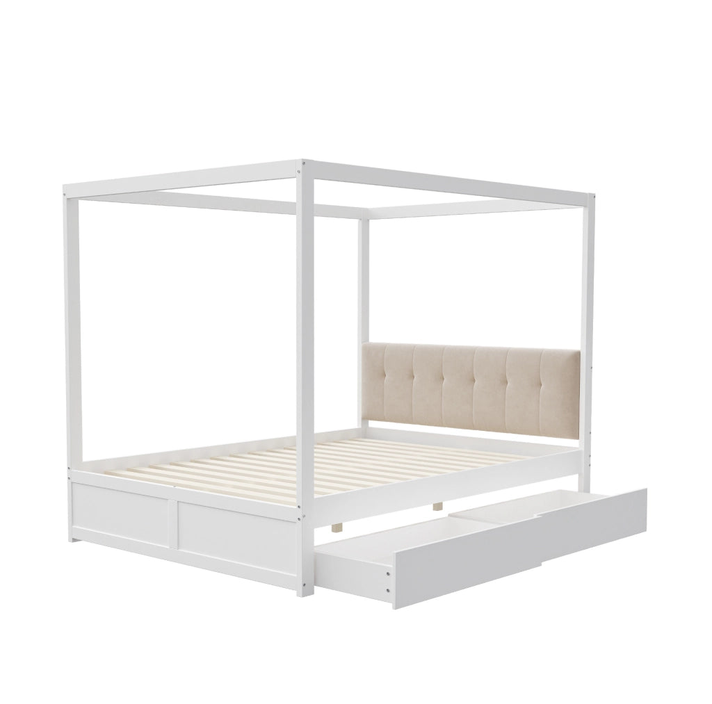 Letto a tenda 140x200 cm; con cassetti e testiera imbottita; legno bianco