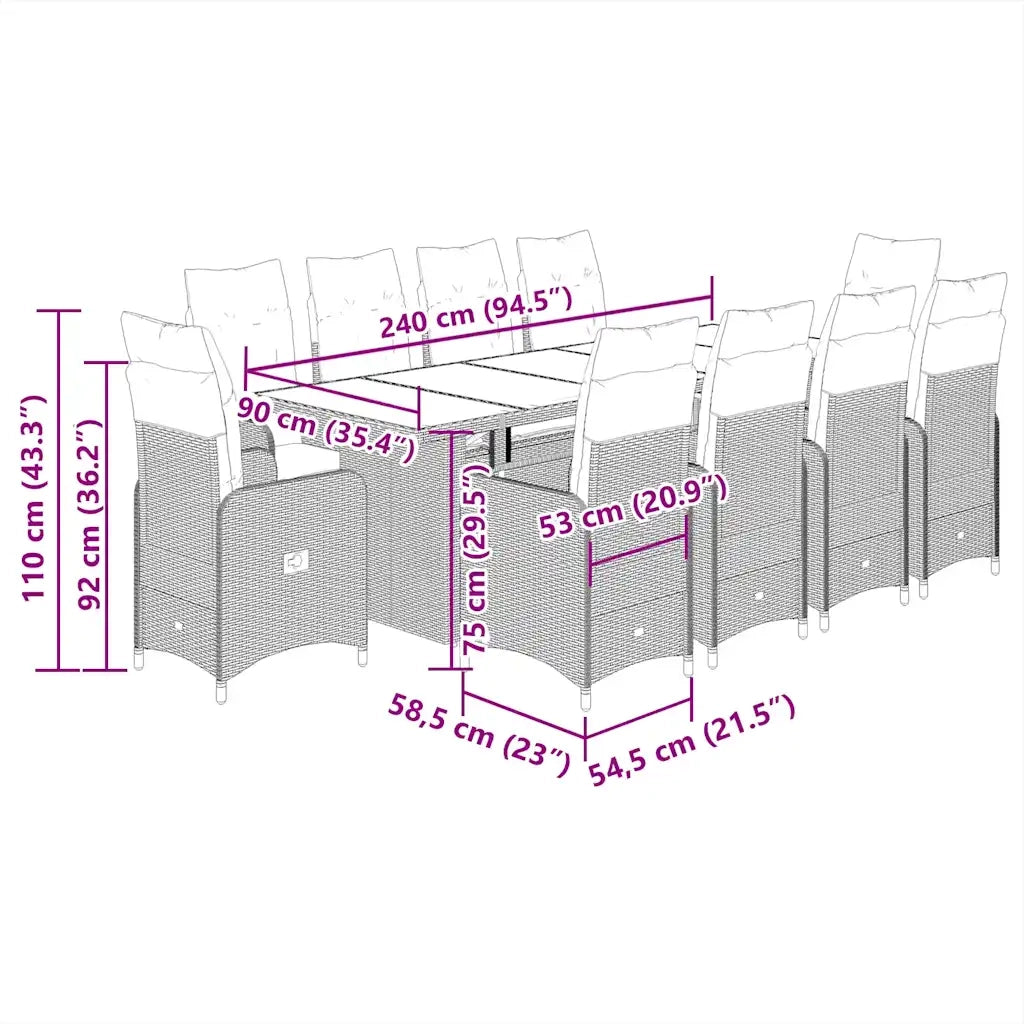 Set BistrÃ² da Giardino 11 pz con Cuscini in Polyrattan Grigio