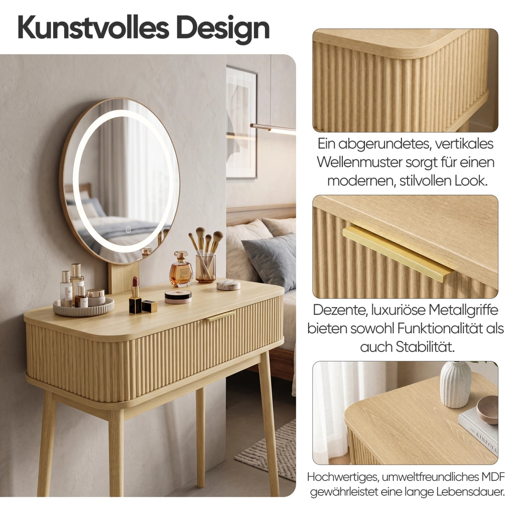 Toeletta con specchio LED a 3 luci e cassetti capienti, 80x40x133 cm, colore rovere