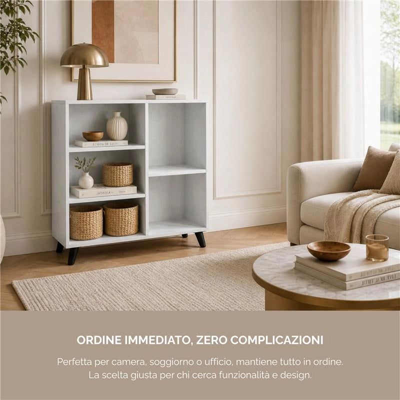 LIBRERIA IN LEGNO BIANCO MODERNA CON 5 RIPIANI SFALSATI DIMENSIONI 80X30X90 CM