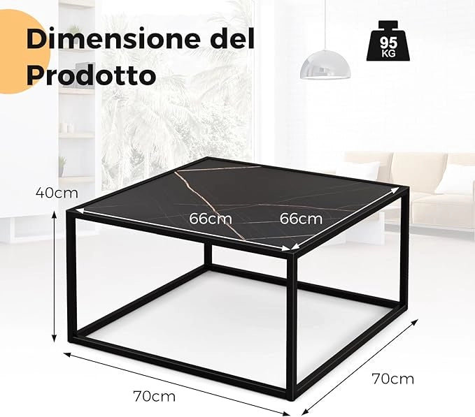 Tavolino da Salotto in Legno, Tavolino Basso con Piano in Finto Marmo e Struttura in Acciaio, Tavolino Basso per Soggiorno e Ufficio, Portata Massima 45 kg, 70 x 70 x 40 cm (Nero)