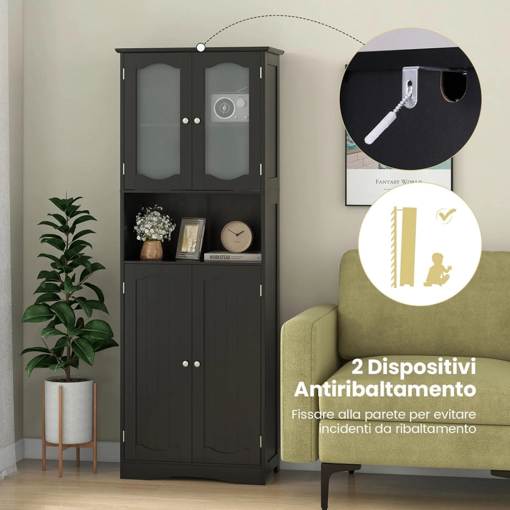 Armadietto Salvaspazio 60 x 30 x 164cm, Mobile Bagno con Scomparti Aperti, Ripiani Regolabili e 2 Porte in Vetro Temprato, Armadio da Bagno per Ufficio, Soggiorno e Camera da Letto (Nero)
