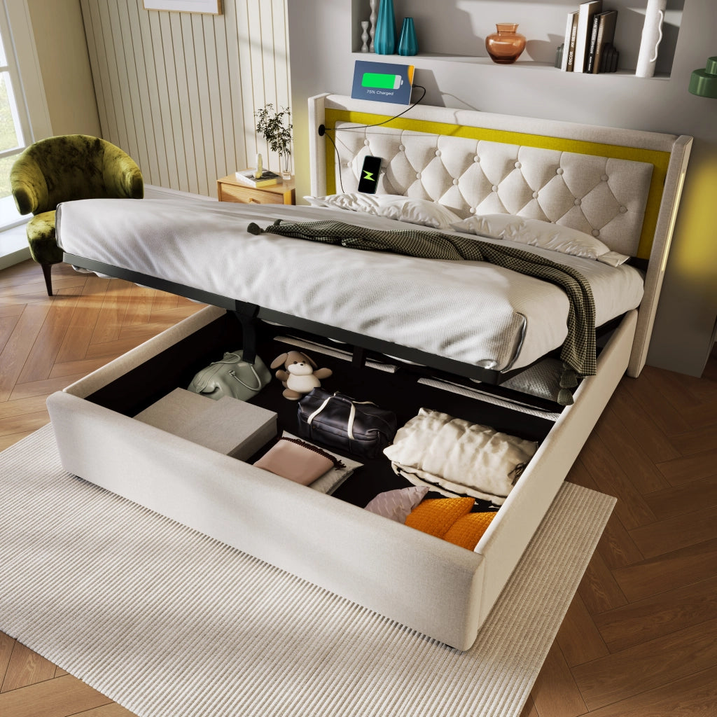 LETTO LED 140x200 cm Beige in cotone con USB e Type-C, contenitore e rete a doghe