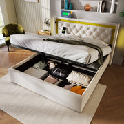 LETTO LED 140x200 cm Beige in cotone con USB e Type-C, contenitore e rete a doghe