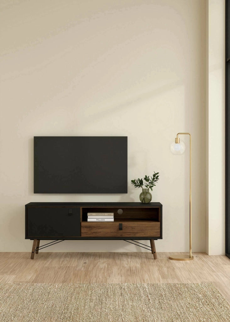 Mobile porta TV Antoine, Credenza da soggiorno, Armadio basso per TV, Base parete attrezzata, 150x40 h60 cm, Nero e Noce