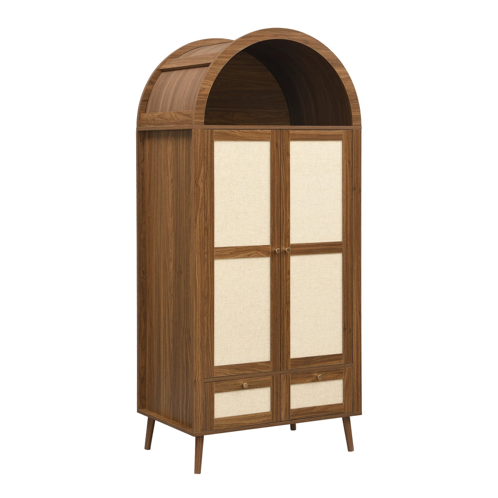 Armadio 2 ante e 2 cassetti con asta appendiabiti e nicchia aperta; design ad arco; MDF; noce e beige; 80 × 55 × 180 cm